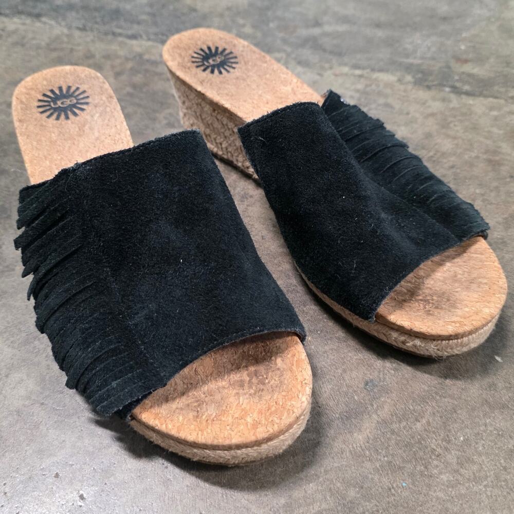 Ugg Women US 9 EU 40 Danes Wedge Heels Black Suede Fringe 1014957 western